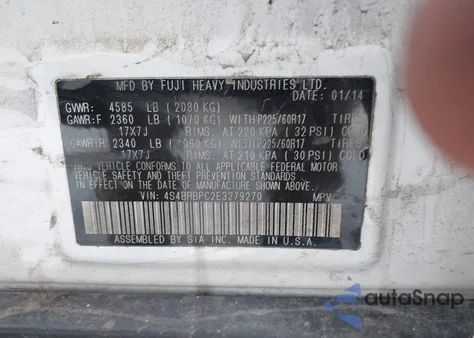 2014 Subaru Outback 2.5I Limited from USA, damaged, VIN 4S4BRBPC2E3279270